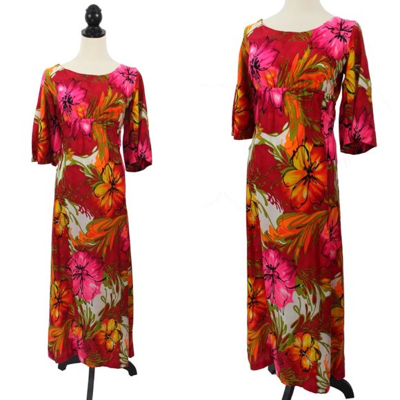 Vintage Dresses & Skirts - SOLD Vintage 1960s Red Pink Floral Hawaiian Maxi Dress Made in Hawaii